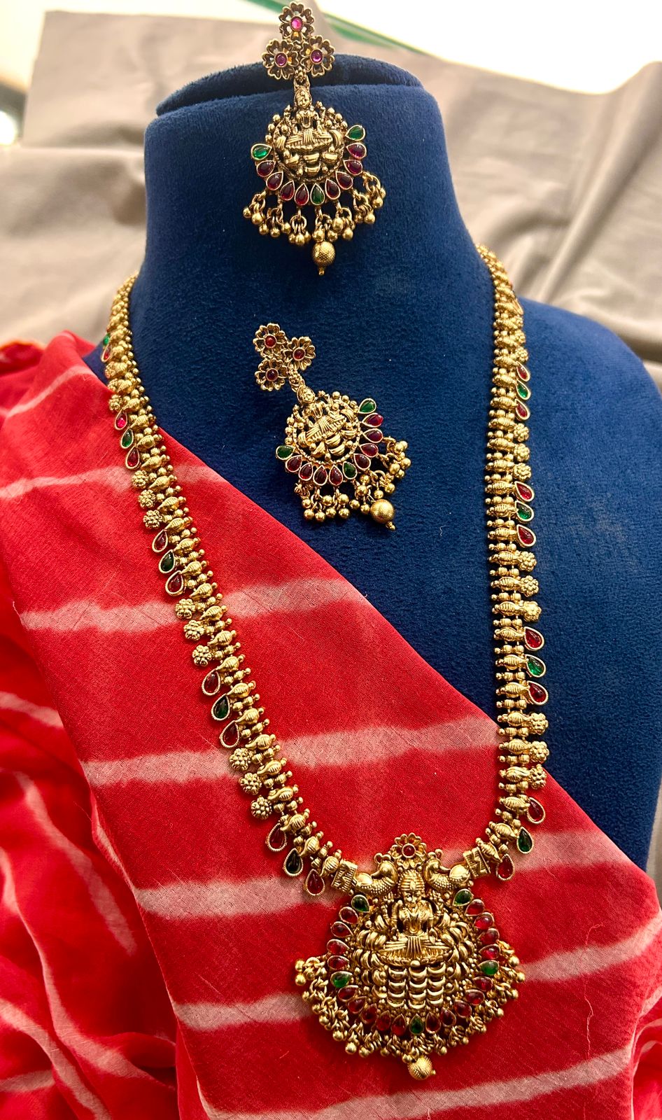 Antique Lakshmi Temple Necklace with Red-Green Stone Detailing & Earrings